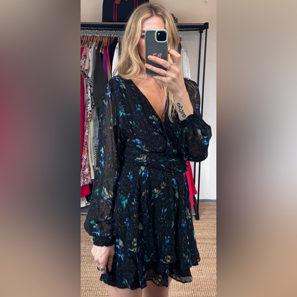 Anthropologie Blue Floral Long Sleeve V Neck Ruched Flowy Mini Boho Dress - Picture 5 of 14